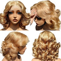 Perruque KEMY HAIR Blonde à Dentelle HD Frontale 250% de Densité, Boucles Fleurs Élastiques, Cheveux Humains Indiens Bruts pour Femmes Noires, Double Tissage Bob