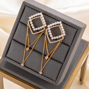 Pendientes de Perlas con Forma de Hoja Cuadrada y Borlas, con Incrustaciones de Circonia, Chapados en Oro de 18K, para Bodas, Mujeres, Grado AAA, Engaste de Bisel - Product Image 3