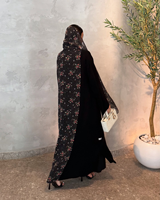 Abaya ouverte à imprimé floral noir de luxe sur mesure en gros à Dubaï pour femmes, ensemble hijab en mousseline, robe musulmane
