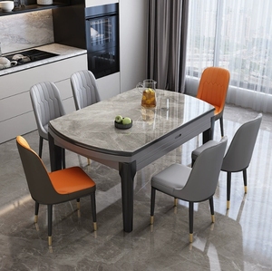 Modern Retractable Rock Plate <strong>Dining</strong> <strong>Table</strong> <strong>with</strong> Wooden <strong>Chair</strong> Combination for Home Apartment or Restaurant Furniture - Product Image 2