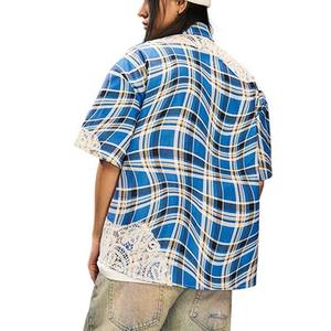 Fringuello abito di design camicia squadrata con maniche corte in <span class=keywords><strong>pizzo</strong></span> ricamato camicia Streetwear camicie a quadri <span class=keywords><strong>blu</strong></span> per gli uomini - Product Image 3