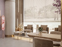 Service de design d'intérieur pour salon de beauté : Étagère de présentation en métal doré à arche et aménagement de boutique de manucure en terrazzo