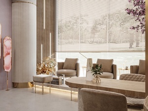 Beauty Salon Interior Design Service Gold Arched Metal <b>Display</b> Shelving <b>Unit</b> and Terrazzo Nail Service Shopfitting - Product Image 2