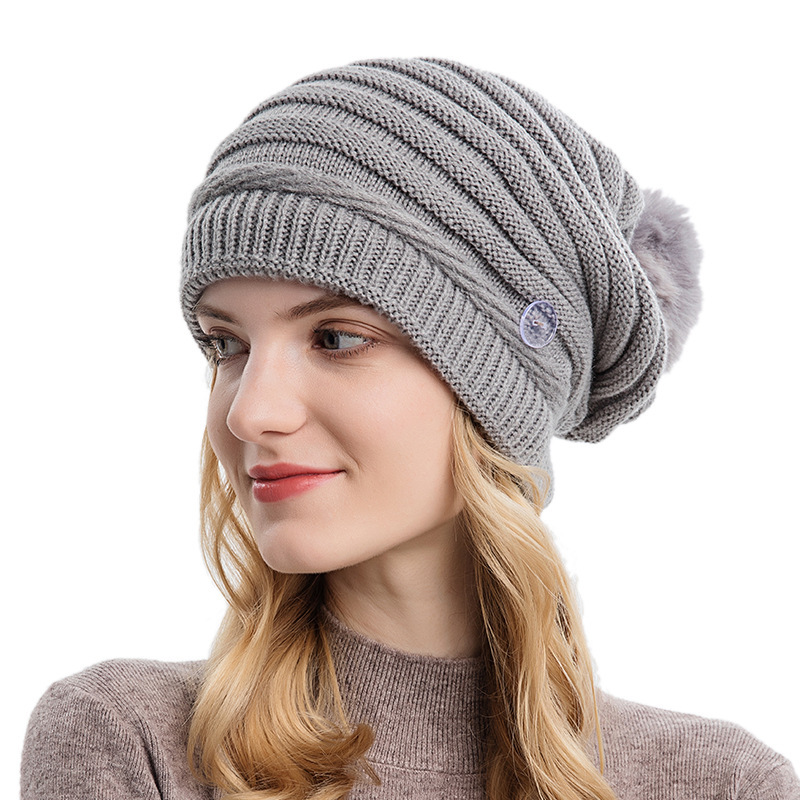 LSP88 Fashion Style Wool Knitted Rib Slouchy Warm Beanie Hat for Women with Soft Pom Pom Winter Cap Pure Color Beanie Hat