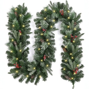 LINGKAI Pre-lit Flocked <b>Christmas</b> Garland with <b>LED</b> Lights Pine Cone Red Berry Artificial Greenery Mantel Fireplace Holiday Decor - Product Image 2