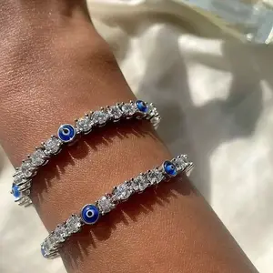 Women's Gold Plated Bling Tennis Anklet Bracelet CZ Diamond Evil Eye Bracelet Jewelry Hip Hop Iced Out Evil Eye Tennis Bracelet