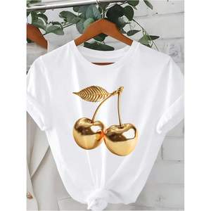 เสื้อยืดแขนสั้นผู้หญิงแบบสั่งทำพิเศษ ผ้าฝ้ายธรรมดา พิมพ์ลายเชอร์รี่ เสื้อฤดูร้อน ระบายอากาศได้ดี ผ้าเจอร์ซีย์ - Product Image 4