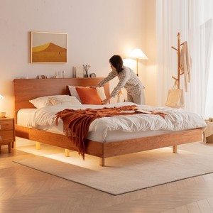 Lit en bois massif nordique, bois de cerisier, 1,5 m, 1,8 m, lit plateforme, style minimaliste japonais, meubles de chambre principale - Product Image 1