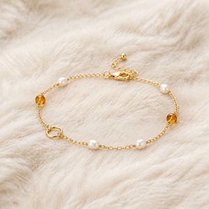 Wholesale Round <b>Pearl</b> Citrine Gold Plated Stainless Steel Thin Chain Double Ring <b>Bracelet</b> Gentle <b>Women</b> Daily Wear Jewelry Custom - Product Image 2