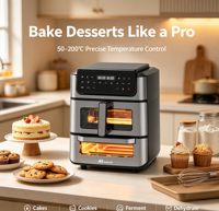 Anbolife Freidora de Aire 2 en 1 con Horno, Freidora de Aire de 6L, Horno de 7.2L, 2800W, Doble Compartimento, 9 Ajustes Preestablecidos, Pantalla Táctil, Sin Aceite, OEM ODM