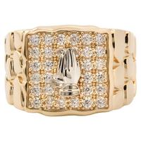 Großhandel Goldfarbener Ring mit betenden Händen, vollständig mit Zirkonia besetzt, Unisex, quadratische Oberseite, Kettenmuster-Band, individueller Statement-Fingerschmuck