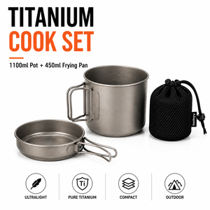 Juego de Cocina Ultraligero de Titanio, Olla de 1100 ml, Sartén de 450 ml, Utensilios de Cocina Apilables para Acampar, Senderismo y Excursionismo - Product Image 1