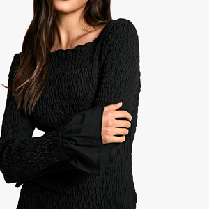 Mini vestidos informales de mujer con dobladillo con volantes de manga solitaria y cuello cuadrado negro liso de alta calidad - Product Image 4