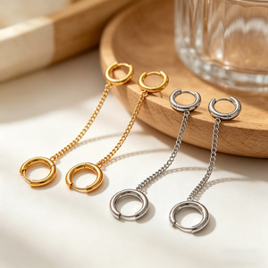 Classic Double Hoop <b>Earrings</b> 18K Gold Stainless Steel <b>Tassel</b> Geometry Circle Design Fashion Hoop Earings - Product Image 3
