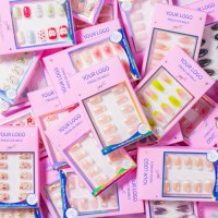 32 faux ongles roses à motif fleur de cerisier, style French manucure, courts, carrés, à pression, kit complet, logo personnalisé OEM