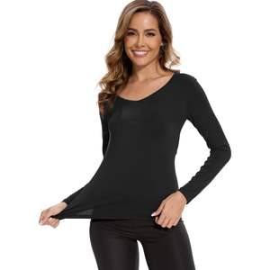 Custom Women's Bamboo Viscose <b>Long</b> <b>Sleeve</b> Sleep Top V Neck Slim Fit Basic T <b>Shirt</b> - Product Image 3