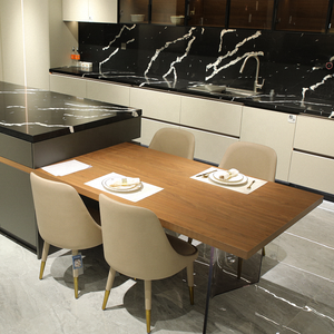 Mueble de cocina de PET blanco George Skin feel con mesa de comedor extendida de madera maciza y tapa de mármol negro - Product Image 4