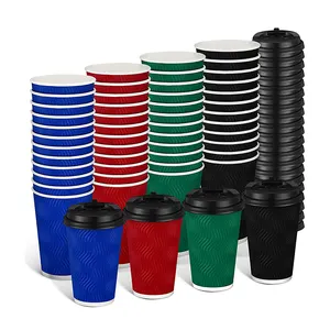 Индивидуальные новейшие биоразлагаемые 12 унций 16 унций синие одноразовые волнистые настенные бумажные стаканчики для горячего кафе кофейные чашки с крышкой