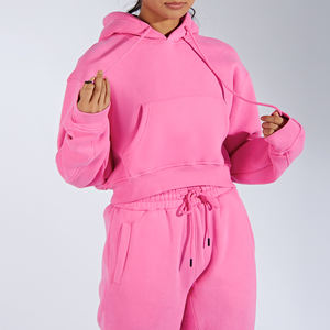 Hochwertige benutzer definierte zweiteilige übergroße Baumwolle schwere Crop Hoodies Sweat suit Jogger Anzug Trainings anzug Set für Frauen - Product Image 2