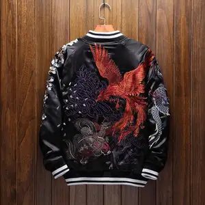 Japanese Fashion Black Four Legendary Phoenix Satin Jaket Men Sukajan Souvenir Luxury Bomber Jacket For Men