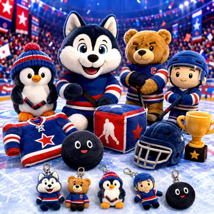 Ensemble de jouets en peluche pour hockey sur glace, figurines douces de joueurs Husky, Ours et Pingouin, vente en gros - Product Image 1
