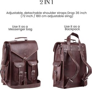 Sac à dos convertible en cuir fait main pour homme – Sac de voyage professionnel 2-en-1 de 17 pouces, convertible en sac messager et sac à dos - Product Image 5