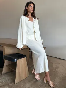 Ensemble Pull Blubelle 2025 Élégant <span class=keywords><strong>Femme</strong></span> <span class=keywords><strong>Chic</strong></span> d'Été Tricoté Uni, Cardigan Décontracté à Manches Longues, Caraco et Jupe Longueur Cheville - Product Image 6