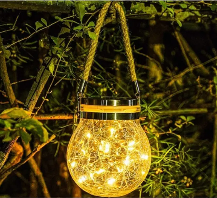 Lampes solaires suspendues, boules de verre craquelées, éclairage d'extérieur, lumière blanche chaude, pour balcon ecor, rvb