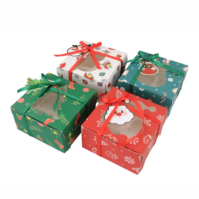 ホリデーペストリー用クリスマス4ホールギフトボックスカップケーキブラウンニークリスマスマフィンボックスペーパーベーカリートリートボックス