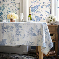 Nappe Rectangulaire Personnalisée en Polyester Tissé Imprimé Floral Bleu Lavable Effet Lin pour Maison, Mariage et Banquet