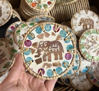 Nouveauté : Sous-verre rond en rotin naturel et nacre, motif éléphant, 10 cm, tissé à la main, pour la décoration de table à café ou à thé