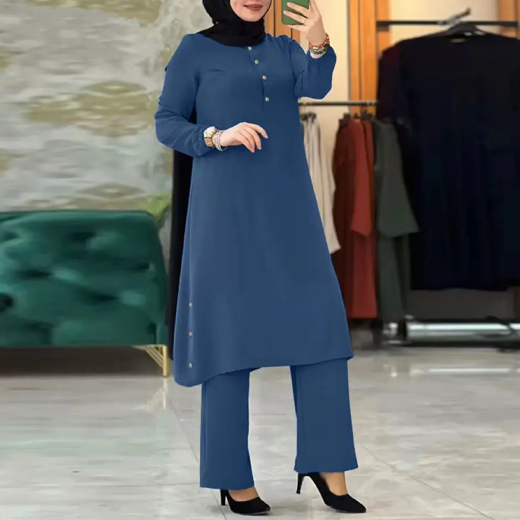 Col rond manches longues coutures latérales décorées boutons en bois taille élastique deux pièces Abaya tunique pantalon ensemble pour femmes musulmanes costume