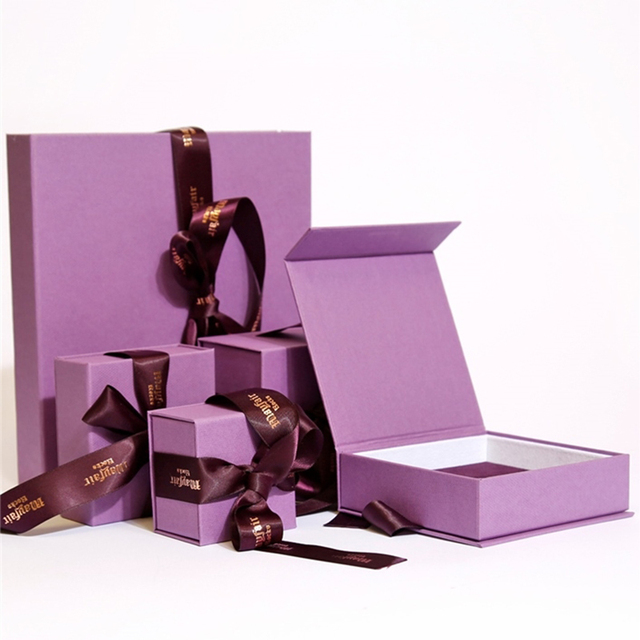 High End Custom Logo Purple Color Magnetic Paper Jewelry Set Packaging Box with Ribbon Closure