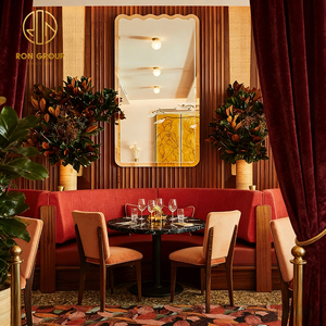 Ensemble de meubles de restaurant de luxe : banquette demi-cercle en velours avec cadre en bois rouge, table ronde en pierre et chaises pour café - Product Image 1