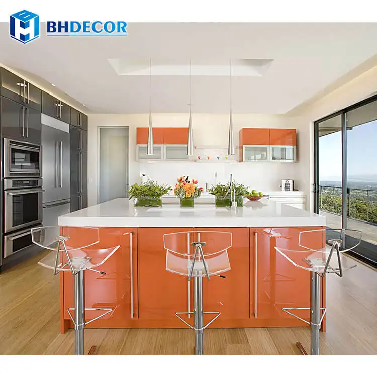 High Gloss Orange Color Colour Laminate Acrylic Board Cabinets Kitchen Cabinet