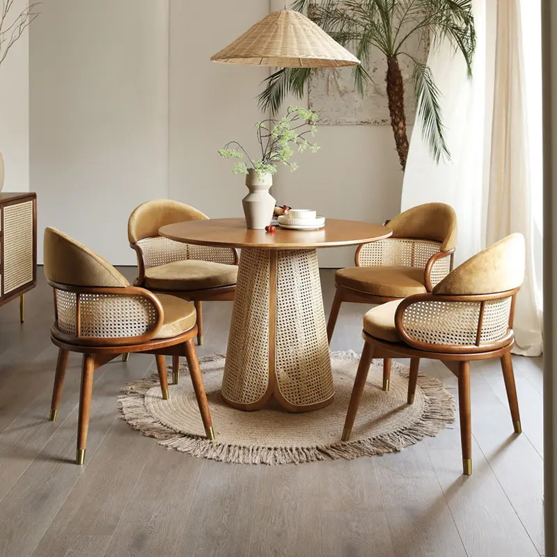 Mesa redonda de madera maciza escandinava, mesa de comedor de ratán simple moderna para el hogar