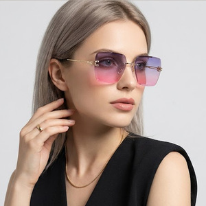Frameless Chamfered <b>Sunglasses</b> For Women Gold Metal Frame Pc Lens Uv400 Sun Protection Travel Fashion Stage Performance - Product Image 1