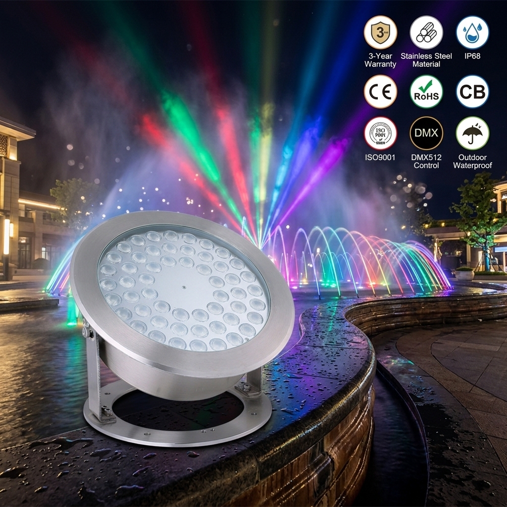 DMX512 Control RGB Color Changing LED Underwater Fountain Light IP68 Waterproof Submersible Lamp for Music Fountain