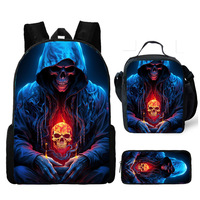 Fabricant de sacs, style rock heavy metal, ensemble de 3 sacs d'école, bleu néon, crâne enflammé, sac à dos pour étudiants, vente en gros