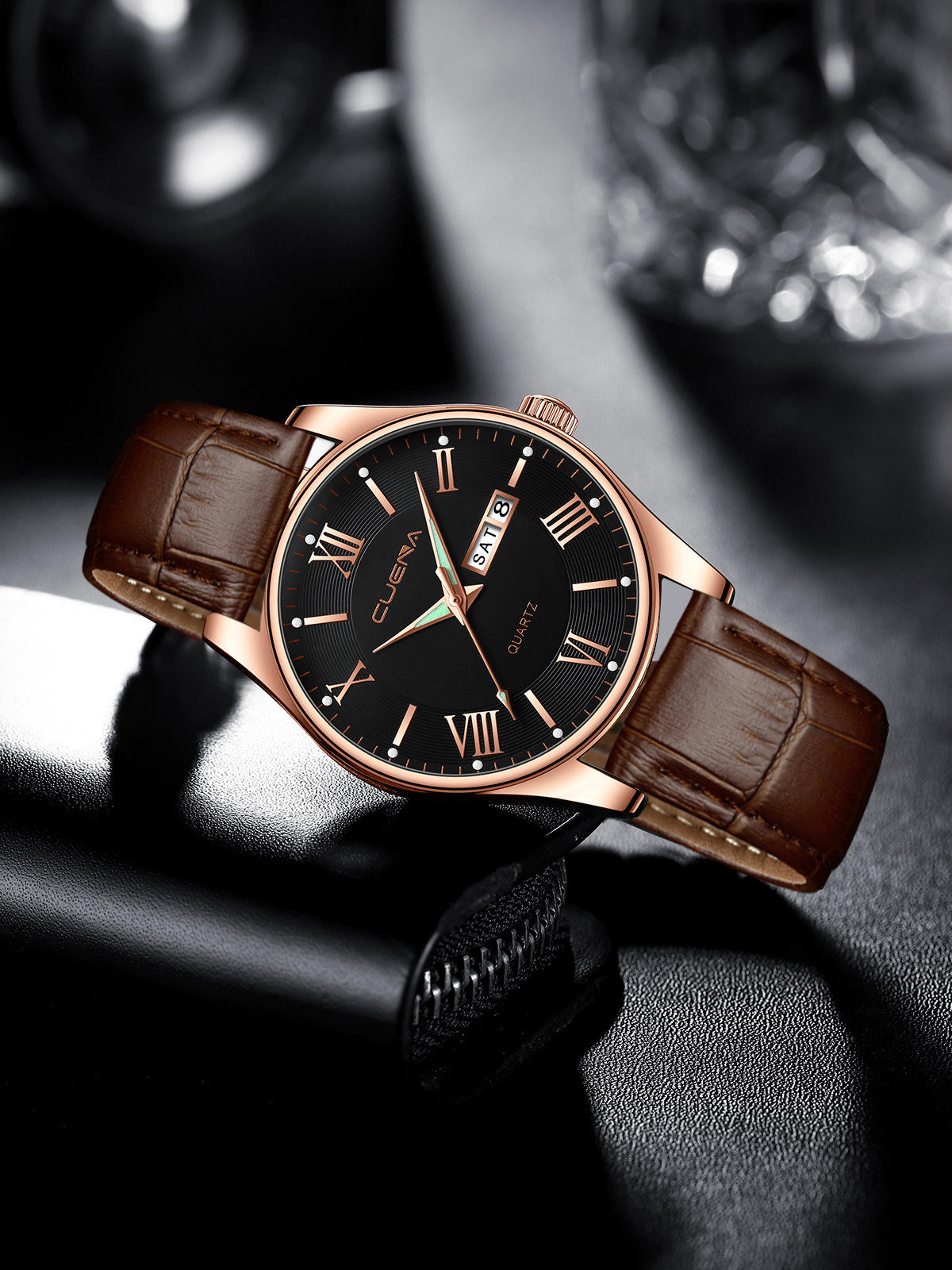 Cuena 6041, relojes para hombre con esfera de números romanos de la mejor  calidad, reloj de cuarzo luminoso montre HOMME, correa de cuero genuino con 