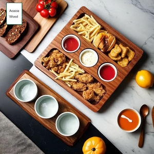 Piatto da portata rettangolare in legno massello di acacia, il più popolare per ristoranti, per dim sum e patatine fritte, con scomparti e vassoio per salse - Product Image 5
