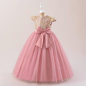 Robe de demoiselle d'honneur de luxe brodée à fleurs, manches volantées, robe de princesse tutu bouffante, costume de scène pour fête d'anniversaire de filles avec nœud - Product Image 4