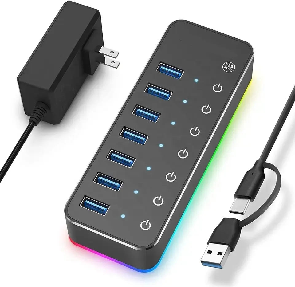 Hub USB C 7 Por USB 3.0 in alluminio con striscia LED RGB a 14 modalità interruttori tattili individuali cavo dati da 3,3 piedi e adattatore di alimentazione 5V/4A