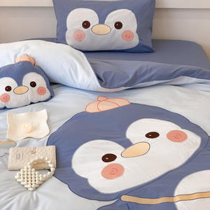 Housse de <span class=keywords><strong>couette</strong></span> en broderie <span class=keywords><strong>pingouin</strong></span> mignon, drap de lit 100% coton délavé bleu, ensemble de literie pour enfants, fournisseur - Product Image 5