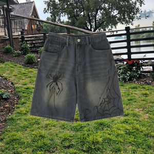 Shorts en jean pour homme Ohsisa, style streetwear rétro, tissé respirant, délavé bleu clair/foncé, coupe droite ample, hip-hop, été - Product Image 3