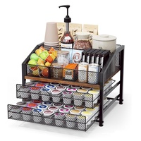 Estación de café de metal y madera, organizador de cápsulas K-Cup para encimera, soporte para cápsulas de café, jarabes, agitadores, condimentos y té.