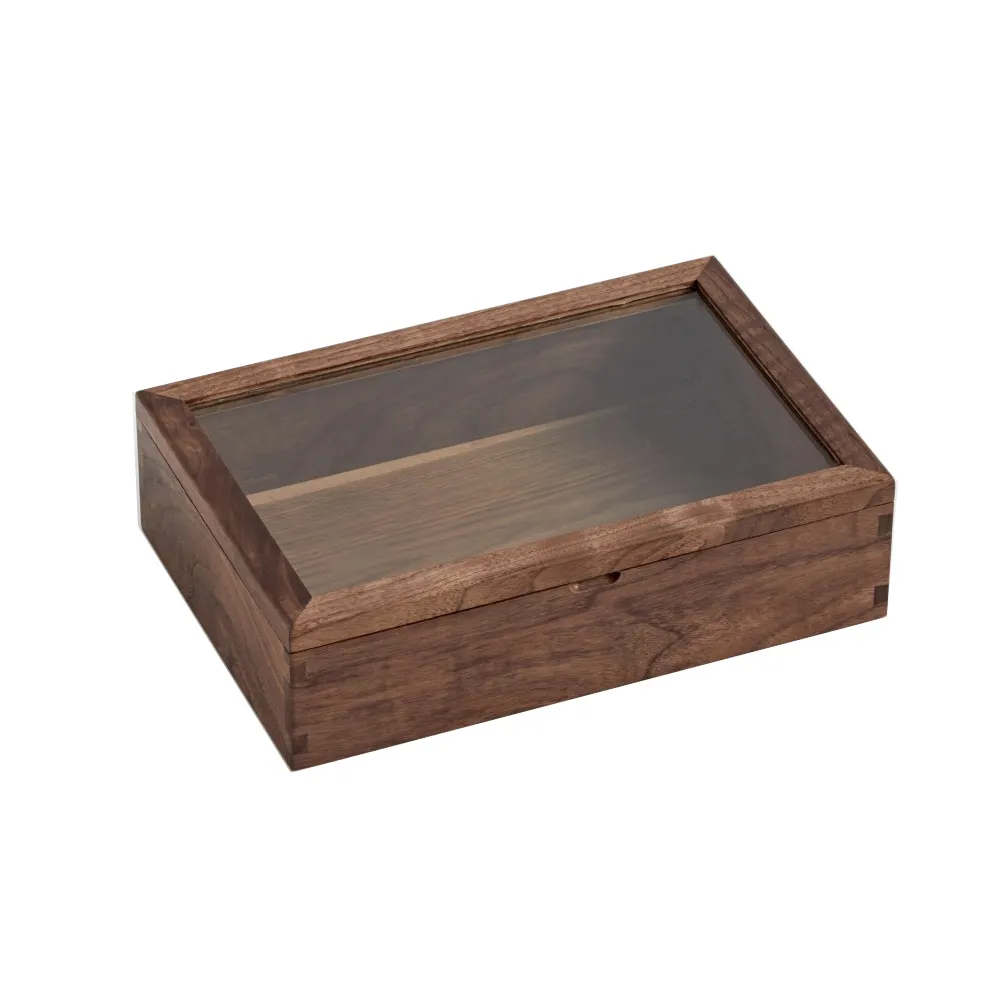 رائعة الجوز الخشب مربع مع نافذة زجاجية خشبية صندوق عرض للتخزين والهدايا التعبئة