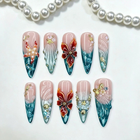 Faux Ongles Press-On Faits Main en Gros, Motif Fleur 3D, Nœud et Strass, Style Stiletto Français, Luxe, Réutilisables, Personnalisables pour Nail Art