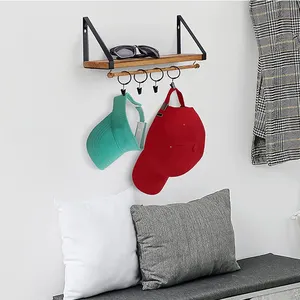 DS3037 Wall-Mounted Wooden Hat Shelf Metal Hat Hanger For Baseball Hat Rack For Wall Baseball Caps Organizer With Hook Clips