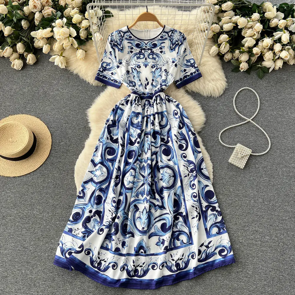 Spring/summer new European American blue printed large swing dress female short sleeve style A-line dress